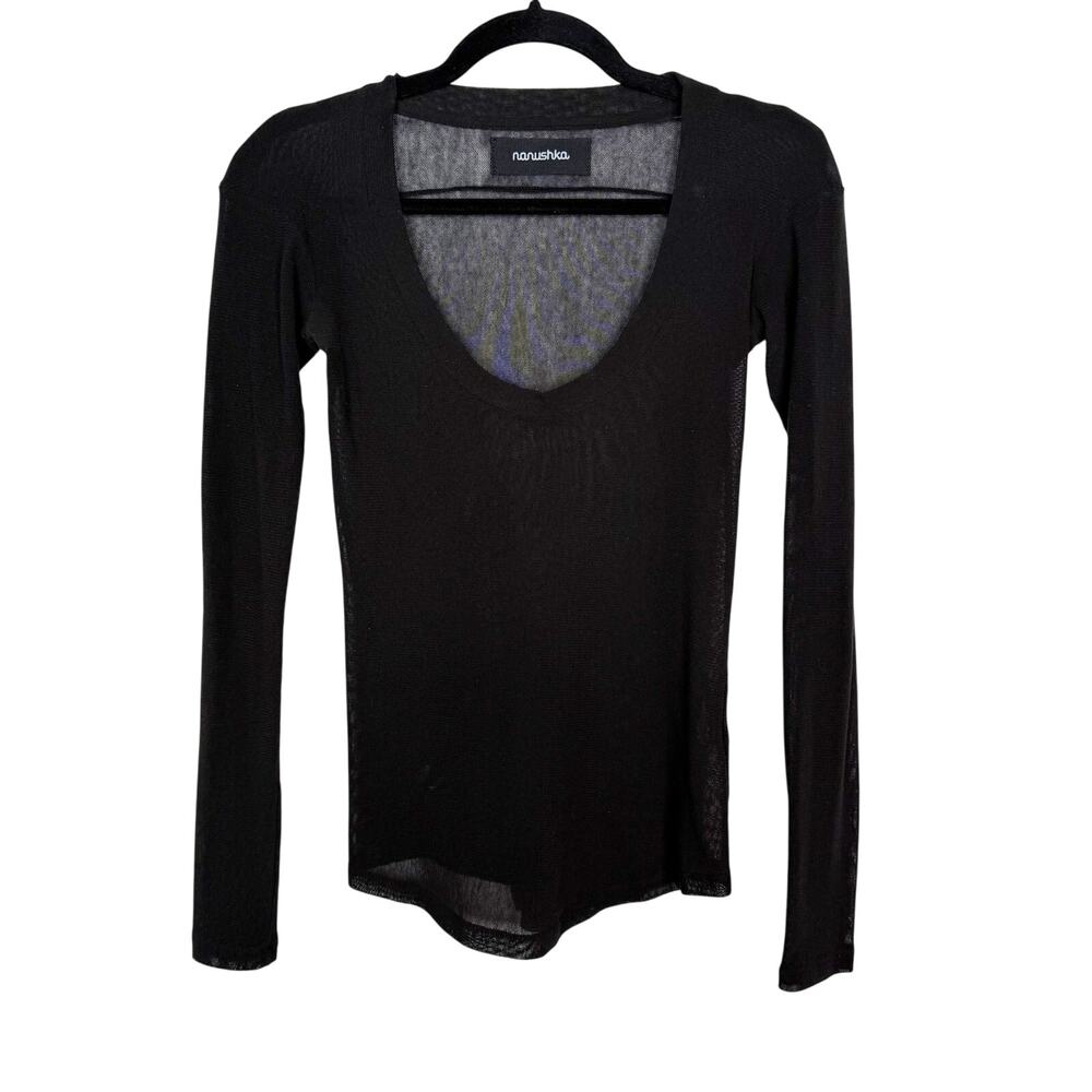 Nanushka XSmall XS Black Mesh Scoop Neck Long Sleeve Sheer Top Stretch Womens